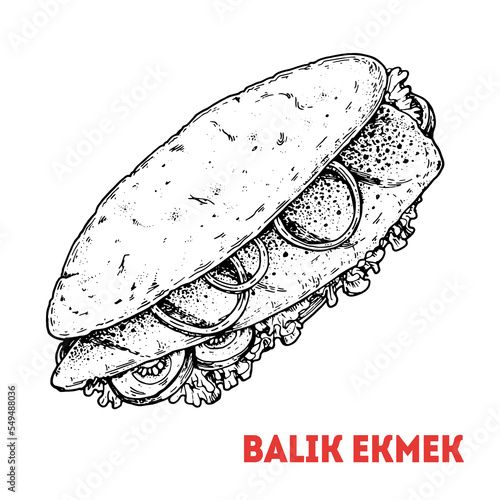Balik Ekmek sketch, Turkish food. Hand drawn vector illustration. Turkish street food. Sketch style. Top view. Vintage vector illustration.