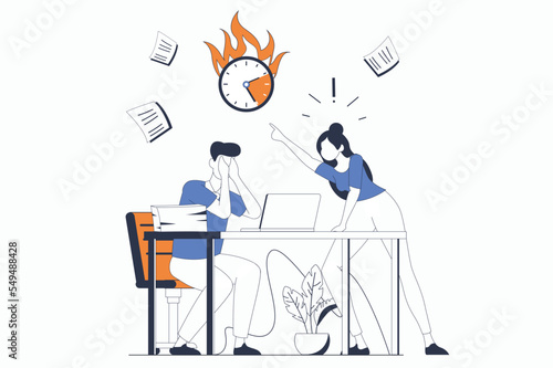Deadline concept with people scene in flat outline design. Angry boss screaming at upset manager while man trying to complete work tasks. Vector illustration with line character situation for web