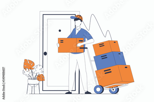 Delivery service concept with people scene in flat outline design. Courier brought boxes on wheelbarrow to client door, moving and transport. Vector illustration with line character situation for web