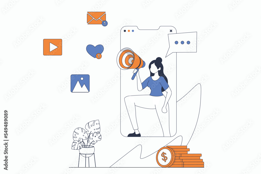 Digital marketing concept with people scene in flat outline design. Woman with megaphone making online brand promotion in social networks. Vector illustration with line character situation for web
