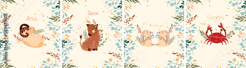 Zodiac Cancer, Gemini, Aries, Taurus with leaves, colorful flowers and stars around. Astrological zodiac Signs perfect for posters, logo, cards. Vector illustration.