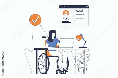 Freelance working concept with people scene in flat outline design. Disabled woman in wheelchair doing tasks remotely and working on laptop. Vector illustration with line character situation for web