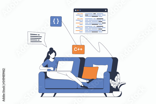 Freelance working concept with people scene in flat outline design. Woman developer doing tasks remotely and programming on laptop at home. Vector illustration with line character situation for web