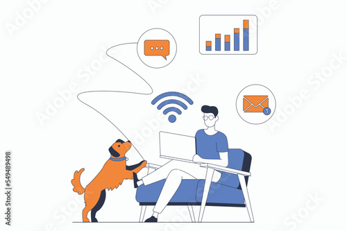 Freelance working concept with people scene in flat outline design. Man doing tasks remotely and works on laptop using wifi at home office. Vector illustration with line character situation for web