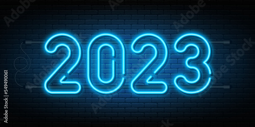 2023 neon signboard. Glowing numbers 2023, neon light effect for background, web banner, poster and greeting card. Merry Christmas and Happy New Year concept. Vector