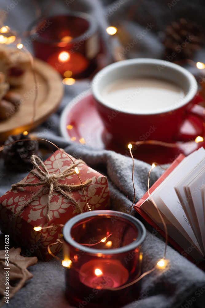 cup of coffee, gift and candles cup of coffee, gift and candles