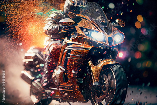 Avengers Infinity Wars disintegration effect, motorcycle photography, floating full motorcycle concept art, Honda Goldwing with gold and silver color © CreativeImage