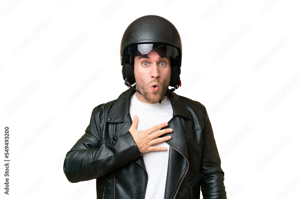Young caucasian man with a motorcycle helmet isolated on green chroma background surprised and shocked while looking right Young caucasian man with a motorcycle helmet isolated on green chroma background surprised and shocked while looking right