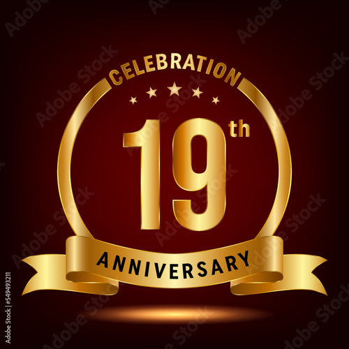 19th Anniversary Celebration. Anniversary Celebration Logo Design with Golden Ring and Ribbon. Vector Template Illustration