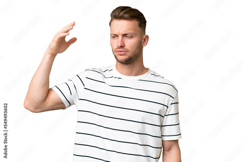 Young blonde caucasian man over isolated background with tired and sick expression Young blonde caucasian man over isolated background with tired and sick expression