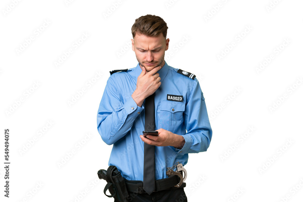 Young police man over isolated background thinking and sending a message Young police man over isolated background thinking and sending a message