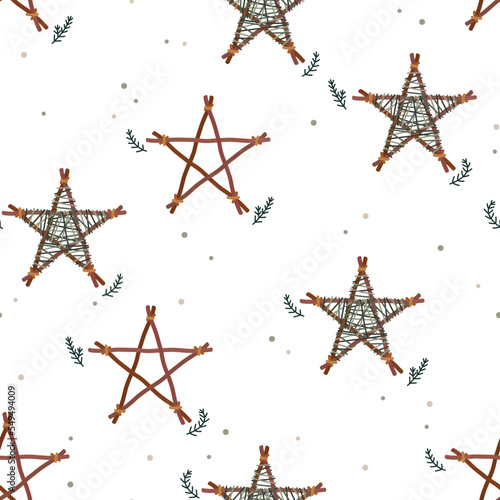 Seamless vector pattern with cute Scandi theme design for winter holidays. Vintage hand drawn Nordic background for card, gift, wrapping paper, packaging, fabric, textile, wallpaper, apparel.