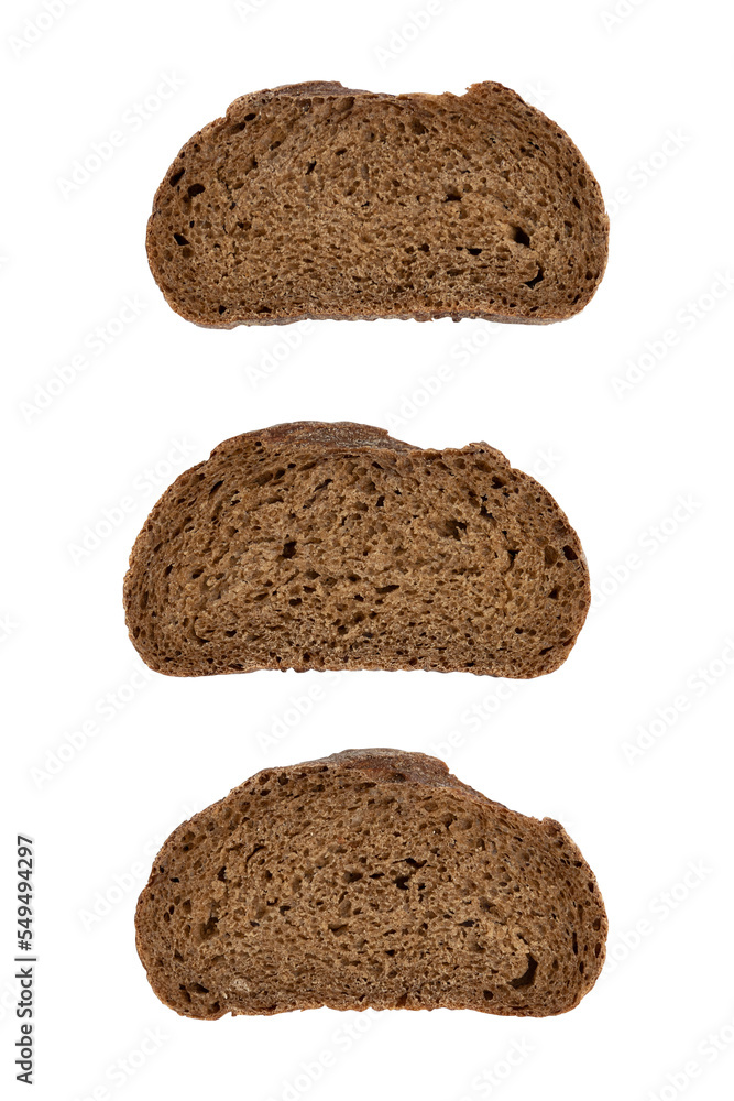 three slices of rye bread on white background, top view, fresh delicious homemade healthy baking three slices of rye bread on white background, top view, fresh delicious homemade healthy baking