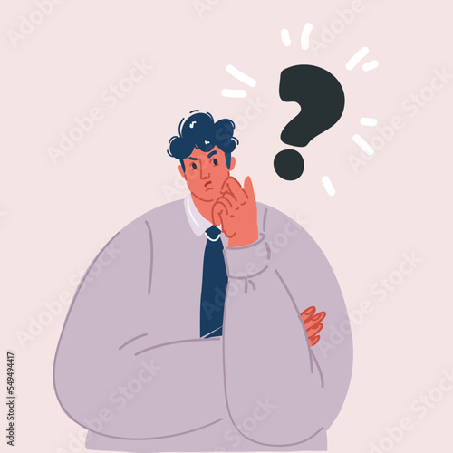 Vector illustration of young man showing confused gesture. Question mark.