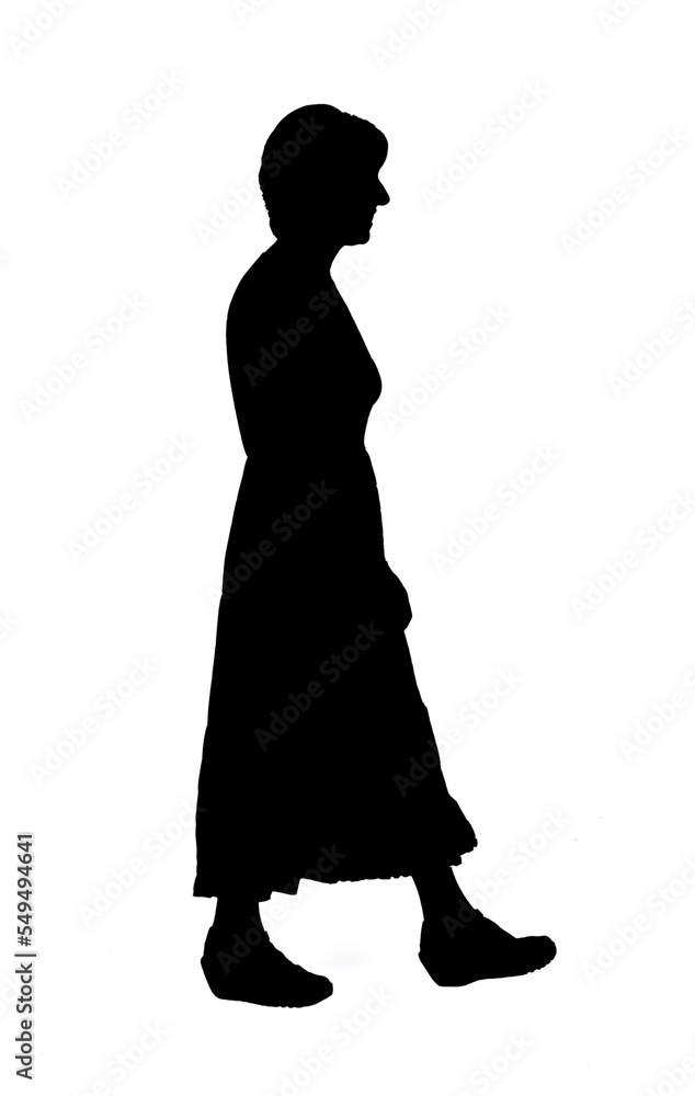  silhouette of a  full portrait of a woman with long dress smiling and walking on white background