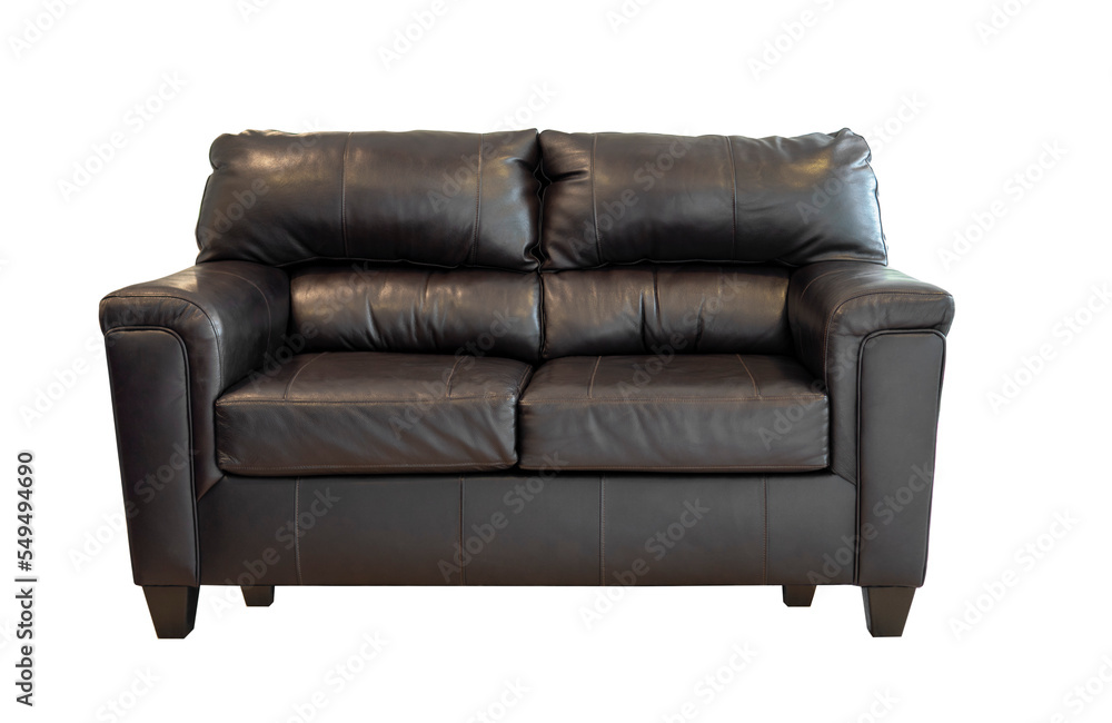 Black leather sofa isolated. Loft furniture. Small leather couch on the white background Black leather sofa isolated. Loft furniture. Small leather couch on the white background