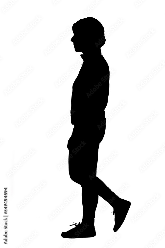 side view of a woman walking on white background,