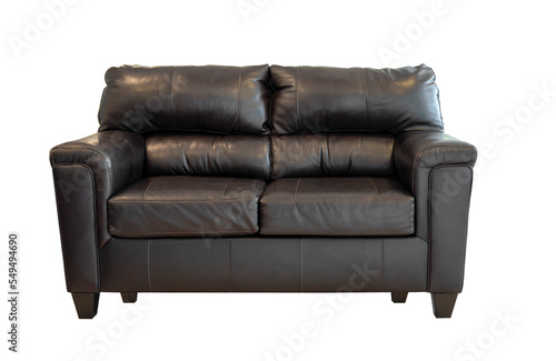 Black leather sofa isolated. Loft furniture. Small leather couch on the white background