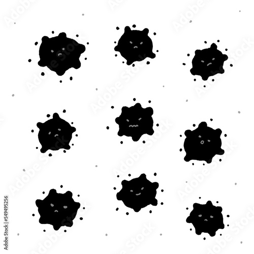 手描きの顔の付いた漂うウイルスやばい菌･ほこりのセット - 不潔･コロナ･感染症や病気のイメージ素材