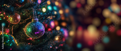 Christmas Tree With Baubles Ornaments On Fir Branches With Glittering And Defocused Lights In Abstract Background