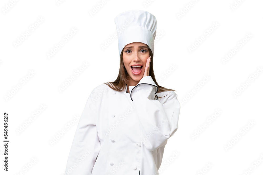 Young chef caucasian woman over isolated background with surprise and shocked facial expression
