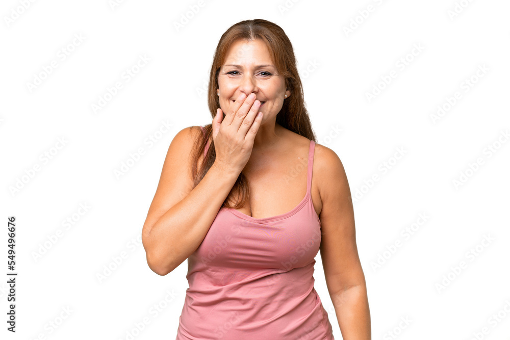 Middle-aged caucasian woman over isolated background happy and smiling covering mouth with hand Middle-aged caucasian woman over isolated background happy and smiling covering mouth with hand
