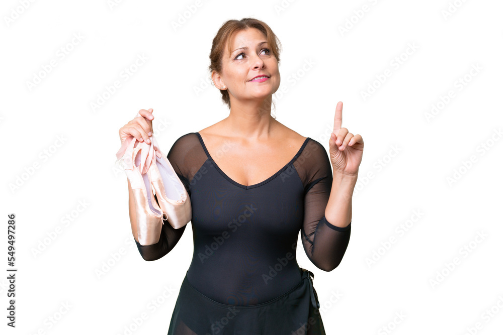 Middle-aged caucasian woman practicing ballet over isolated background pointing up a great idea Middle-aged caucasian woman practicing ballet over isolated background pointing up a great idea