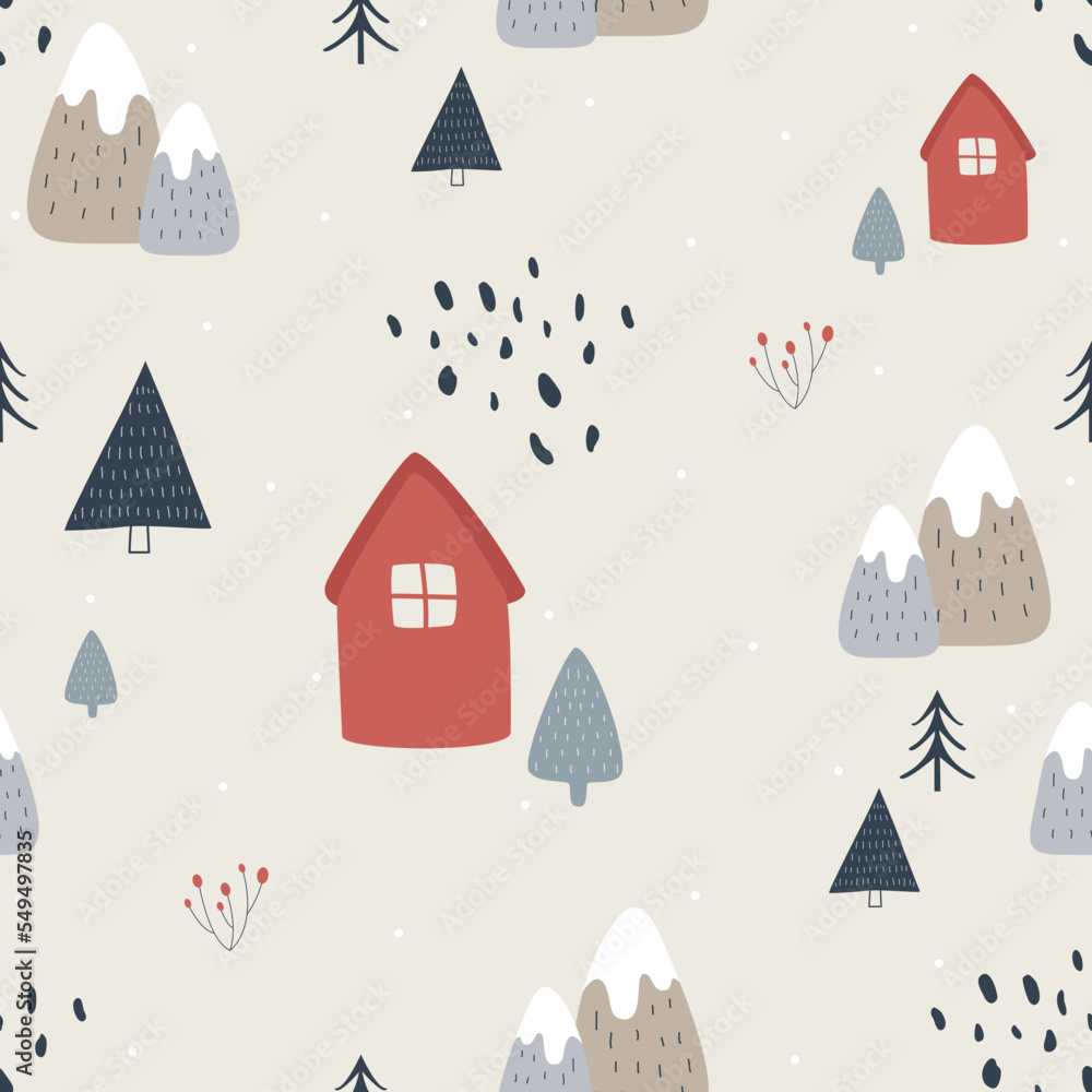Winter landscape hygge pattern for print, for wrapping paper