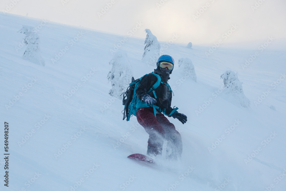 Girl on a snowboard in a snowy mountain couloir among a snow covered spruce trees