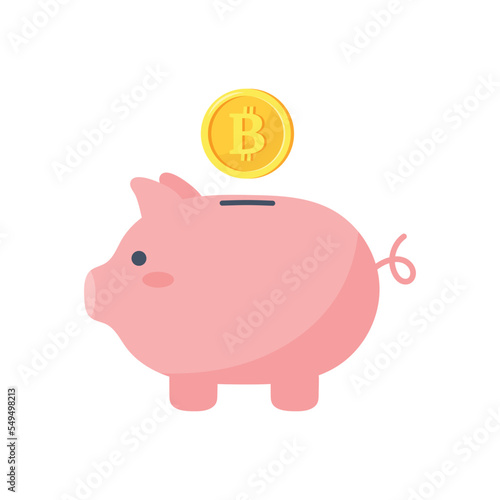 Piggy bank and bitcoin coin isolated on white background. Vector illustration