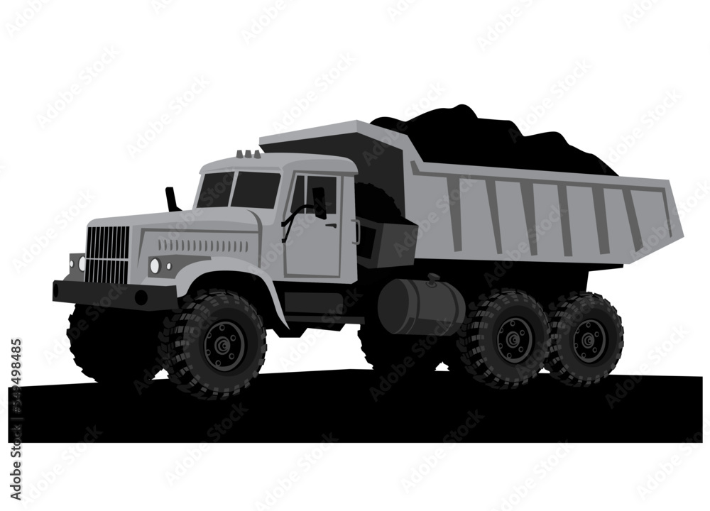 Construction machinery. Loaded dump truck. Vector image for prints, poster and illustrations.