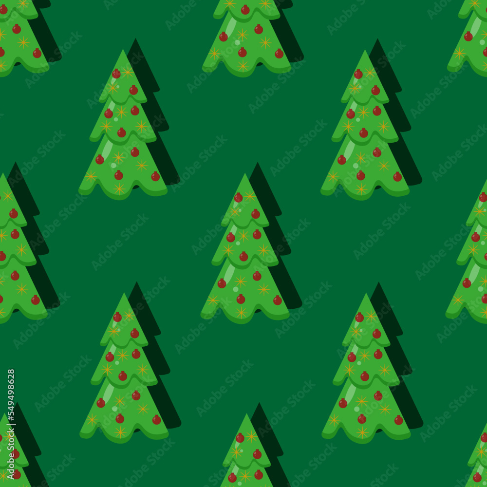 Seamless pattern with christmas tree on green background in cut out style. Wrapping paper with pine. New year ornament. Wallpaper or fabric print.