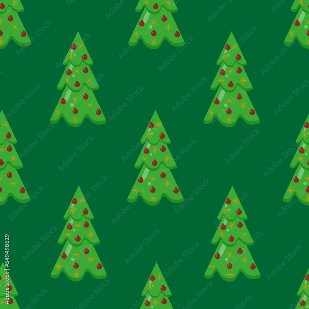 Seamless pattern with christmas tree on green background. Wrapping paper with pine. New year ornament. Wallpaper or fabric print.