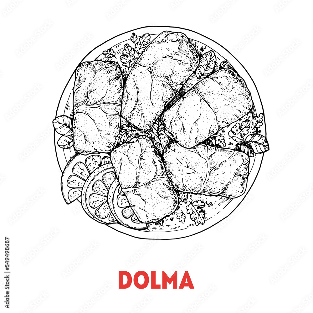 Dolma sketch, Turkish food. Hand drawn vector illustration. Turkish street food. Sketch style. Top view. Vintage vector illustration. Dolma sketch, Turkish food. Hand drawn vector illustration. Turkish street food. Sketch style. Top view. Vintage vector illustration.