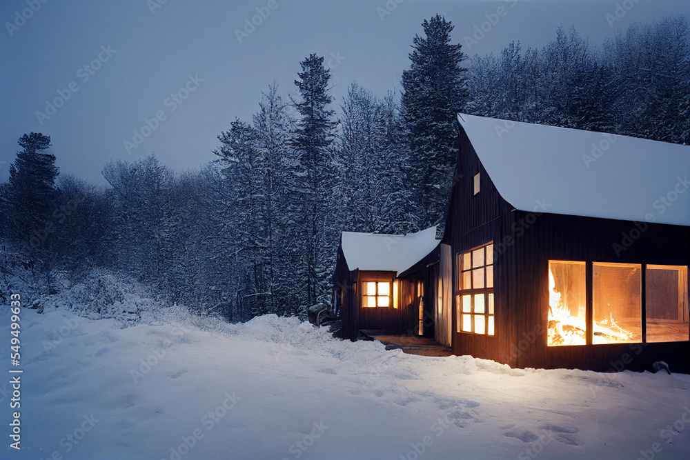 Outside of a Wooden cabin in Winter, Heavily Covered in snow, Winter Lights | Generative Ai art