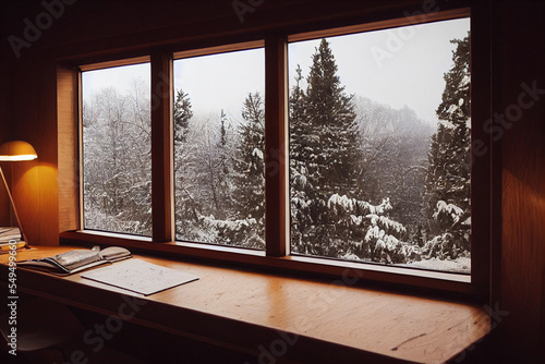 Wooden Cabin with Multiple Large Windows for A View of Snowfall in Winter, Work space With a Serene Environment, Cold, Calm, Cozy, White Snow Scenery | Generative Ai Art