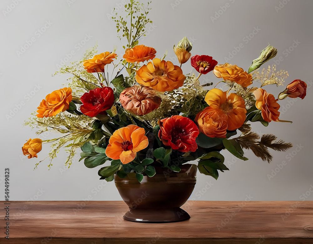 A bouquet of vibrant orange flowers and lush green leaves, captured in a studio setting. The bold color of the flowers is offset by the natural texture of the leaves | Generative Ai Art