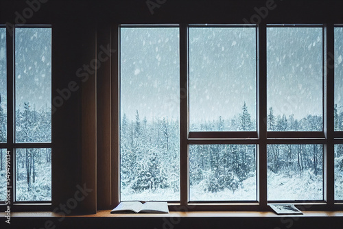 Wooden Cabin with Multiple Large Windows for A View of Snowfall in Winter  Work space With a Serene Environment  Cold  Calm  Cozy  White Snow Scenery   Generative Ai Art