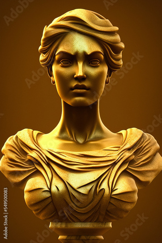 Greek bust of a beautiful woman, a statue made of gold, a stone portrait of an ancient face