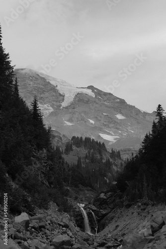Wallpaper Mural Black and white image of Mount Rainier with a small waterfall. Torontodigital.ca