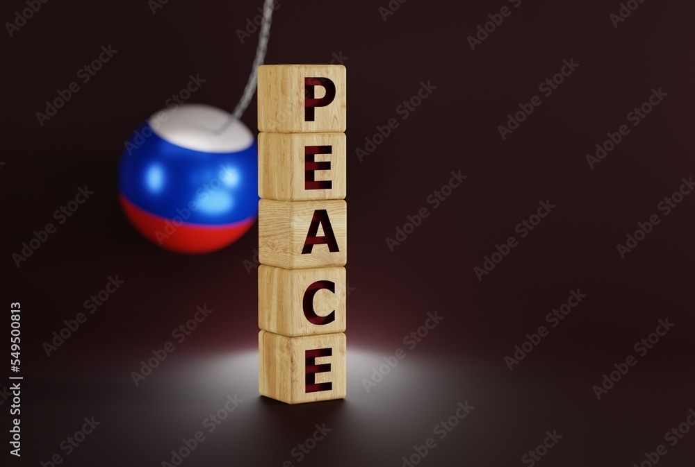 A large ball with the colors of the Russian flag hitting wooden blocks with the word PEACE. The concept of destroying the world order by Russia, Russia's war. 3d render, 3d illustration. A large ball with the colors of the Russian flag hitting wooden blocks with the word PEACE. The concept of destroying the world order by Russia, Russia's war. 3d render, 3d illustration.