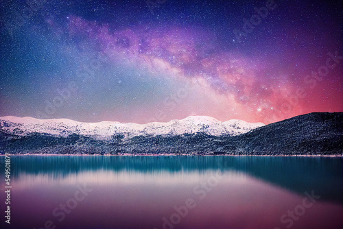 Lake Between Snow Capped Mountains, Milky way Galaxy at Night Sky, Winter Sky with a Purple Hue | Generative Art