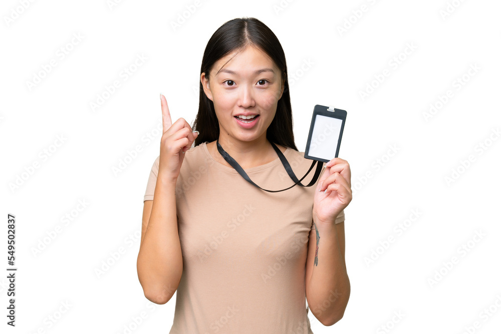 Young Asian woman with ID card over isolated background pointing up a great idea Young Asian woman with ID card over isolated background pointing up a great idea