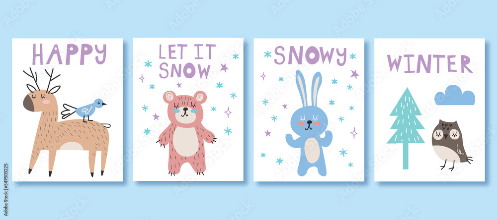 Baby animals set card, winter animals collection, cute animals cartoon vector, thickly clothed pet, adorable pet vector, minimalist cartoon design EPS