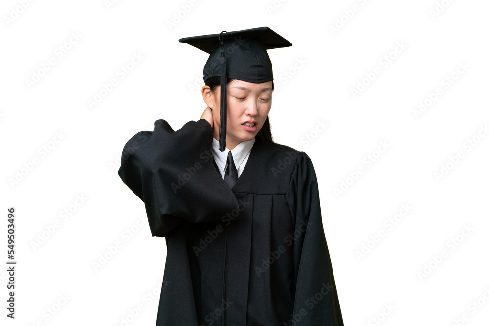 Young university graduate Asian woman over isolated background with neckache Young university graduate Asian woman over isolated background with neckache