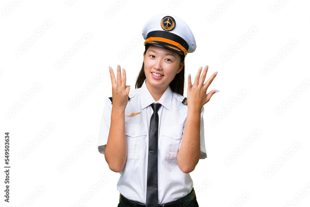 Airplane pilot Asian woman over isolated background counting eight with fingers