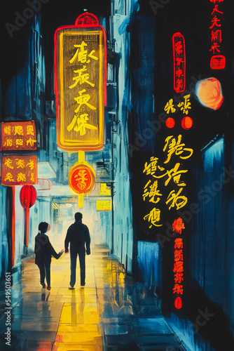 Image of Chinese city at night, walking people and city lights in oil paint style, illustration © Lukas Juszczak
