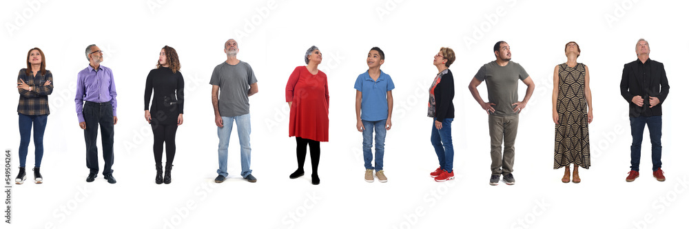 large group of people looking up on white background large group of people looking up on white background