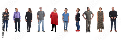 large group of people looking up on white background