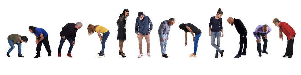 group of people looking for something on the ground on white background